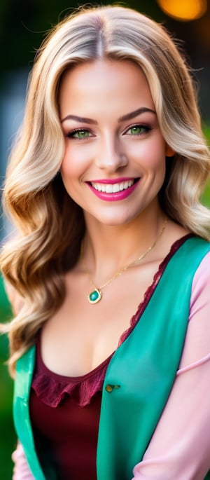 Generate hyper realistic image of a woman with long blonde hair, looking at the viewer with a smile and green eyes. She has one eye closed, wearing a shirt with frills, and a necklace. Her fingernails are painted red, and her lips are also red. She has detailed facial features, clear skin, and dimples that highlight her bright smile. Her eyelashes are prominent, and she has light brown hair strands mixed with the blonde. The background is blurry, making her the focal point. She has her hands on her face, showcasing pink nails, and her forehead is visible.