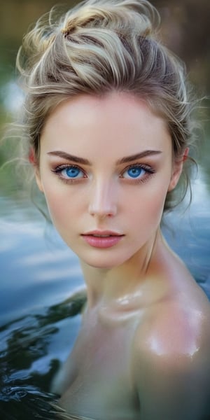 Generate hyper realistic image of a captivating model with a unique face shape and captivating blue eyes, her waist-up framed against a backdrop of a serene lakeside, the tranquil water reflecting the serenity and depth within her.