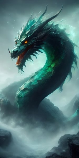 Generate hyper realistic image of a monstrous dragon with serpent-like features, its body covered in emerald scales, three pairs of ominous eyes, and a crown of venomous snakes instead of horns, embodying the terror of the ancient seas.