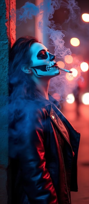 Generate hyper realistic image of a woman with skull painting on her face, leaning back against a textured wall, enveloped in thick, vibrant blue smoke. The woman is looking towards the sky. In its mouth, a lit cigarette burns, emitting the red smoke, which swirls around the head in an ethereal, dreamlike manner. The background is out of focus, revealing blurred city lights in a range of soft colors. The figure wears a black leather jacket with shiny, reflective surfaces. The mood is eerie yet modern, blending elements of death, urban culture, and neon lighting.