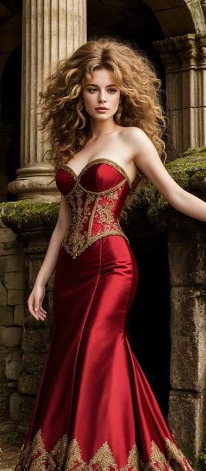 Generate hyper realistic image of a woman with voluminous, wavy hair with a slightly wild, untamed look. Her hair is a rich, golden blonde color. She is dressed in an ornate, strapless red gown with intricate gold embroidery. The bodice is form-fitting and accentuates her figure, while the skirt is voluminous and has a luxurious, flowing quality.  She is leaning against an ancient stone structure. The background features an ancient, weathered stone structure that evokes the setting of a historical castle or ruins.