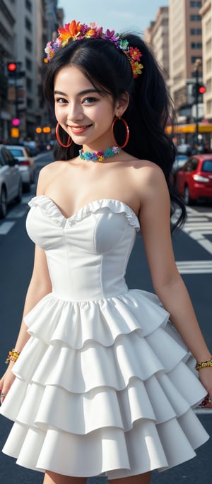 Generate hyper realistic image of a woman with long, black hair styled in voluminous waves. She has a colorful floral headband. Her hair is tied into two high ponytails. She is wearing a strapless white dress with a tiered skirt that gives a flowing and layered effect. The dress has black accents along the neckline and straps, adding a contrast to the bright white fabric. She is adorned with large, colorful hoop earrings and several rings on her fingers. Her expression is innocent, with wide eyes. Her gentle smile adds to her beauty. The background features a bustling city scene with cars and buildings.