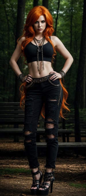 Generate hyper realistic image of a woman with long, vibrant orange hair that cascades down her back in waves. The striking color contrasts with her outfit, making her hair a focal point. Her eyes are accentuated with dark, dramatic makeup. She is dressed in a gothic-punk style. She wears a sleeveless black top adorned with chains and metal details. Paired with this, she has on black ripped skinny jeans. She is wearing high-heeled shoes with a unique design, featuring studs and straps. Her expression is contemplative and slightly fierce. The background is a wooded area with tall trees and wooden benches..