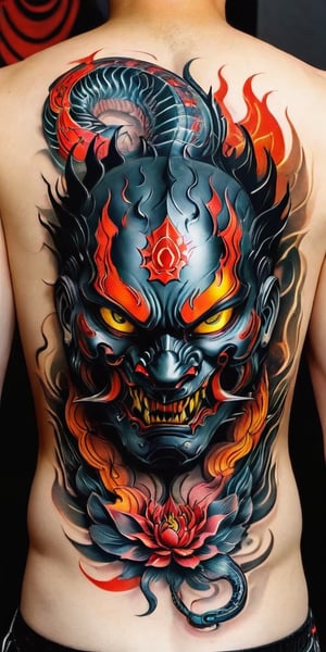 Generate hyper realistic image of a  a man with back to the viewer. He has full back tattoo on his wide back. Tattoo is a menacing traditional Japanese oni masks  with demon details, combined with the presence of a coiled serpent.The mask has a fierce and ominous expression, characterized by deep-set, hollow eyes, a prominent nose, and a wide-open mouth revealing sharp fangs. The mask's surface is detailed with flowing lines and shading that give it a three-dimensional, sculpted appearance. The presence of horns on the mask enhances its demonic and intimidating look.A snake is intertwined with the mask, wrapping around it in a sinuous, fluid motion. The snake's scales are meticulously detailed, creating a realistic texture. The serpent’s head emerges from the top of the mask, with its mouth open, displaying its fangs and forked tongue.,tattoo,FuturEvoLabTattoo,GlowingTat,tag score,oni style
