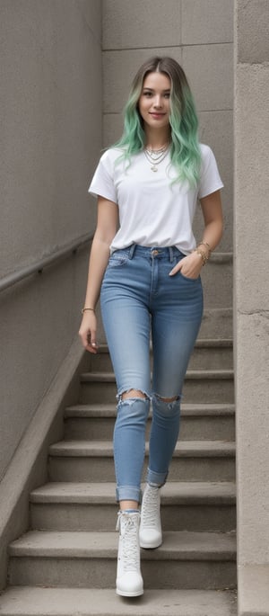 Generate hyper realistic image of a woman standing confidently on a set of stairs, looking directly at the viewer with a friendly smile. She has blonde hair and is wearing a short-sleeved gray t-shirt with "womp womp" written in white on the front. Her hair is dyed a vibrant light green, cut short to frame her face. She accessorizes with a simple black necklace around her neck. The woman is wearing blue jeans that have been fashionably cut off at the bottom, paired with eye-catching blue high-heeled boots.