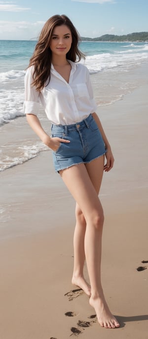 Generate hyper realistic image of a woman with long, flowing brown hair sits on the sandy beach, her blue eyes glistening as she looks directly at the viewer with a warm smile. Her slim waist and full body are accentuated by a white shirt and denim shorts, showcasing her long legs and bare feet. The ocean waves gently kiss the shore behind her, adding a serene backdrop to the picture-perfect moment.