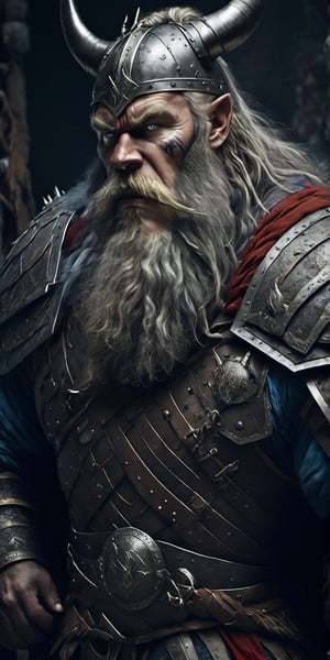  Create a hyper realistic viking in berserker mode fighting enemies.Fierce, strong , fast  grey hairs and beard , war paintings , viking armor with fur .Jigh detailed ,sharp focus.,Movie Still