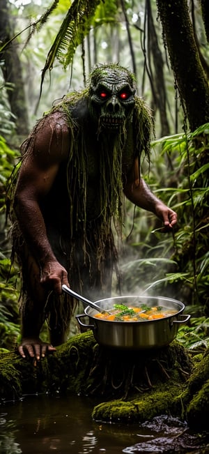  create a photo realistic image of scary looking swamp monster cooking broth in the jungle, sharp focus, high detailed.