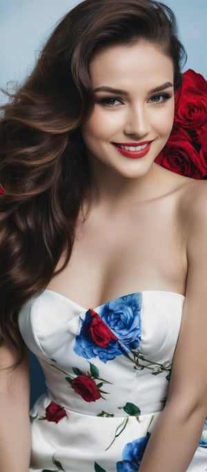 Generate hyper realistic image of a woman gazing at the viewer with a gentle, inviting smile. She is posed seductively in a white strapless dress that features a floral print of red roses. Her long, wavy brown hair flows over her shoulders, and her white nail polish adds a touch of refinement. The background is a vibrant blue, which creates a stunning contrast with her dress. The medium-angle shot emphasizes her natural grace and the delicate beauty of her outfit.