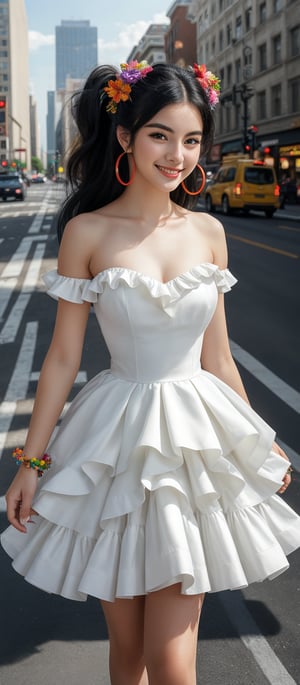 Generate hyper realistic image of a woman with long, black hair styled in voluminous waves. She has a colorful floral headband. Her hair is tied into two high ponytails. She is wearing a strapless white dress with a tiered skirt that gives a flowing and layered effect. The dress has black accents along the neckline and straps, adding a contrast to the bright white fabric. She is adorned with large, colorful hoop earrings and several rings on her fingers. Her expression is innocent, with wide eyes. Her gentle smile adds to her beauty. The background features a bustling city scene with cars and buildings.