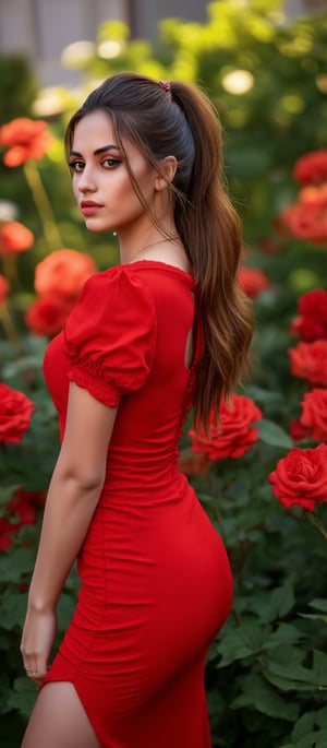 Generate hyper realistic image of a young woman is standing in a beautiful garden with blooming red roses and greenery. She has long, dark brown hair styled in a high ponytail and a fair complexion with large, expressive brown eyes. Her makeup is subtle, highlighting her natural beauty. She is dressed in a form-fitting, elegant red dress with short puffed sleeves. The dress has a high slit, revealing her thigh.