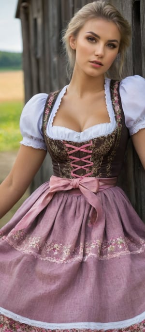 Generate hyper realistic image of a young woman sitting in a rustic, rural setting, a barn area. She is wearing a traditional dirndl dress. The dress is characterized by its tight-fitting bodice, a full skirt. The bodice is pink with a delicate floral pattern. It has lace-up detailing at the front, secured with silver eyelets. The neckline is low and square with white lace trim. The woman has a slim, toned physique. The dirndl dress highlights her hourglass figure, with the bodice cinching at the waist and the skirt flaring out slightly. Her hair is long, straight, and blonde, flowing over her shoulders.