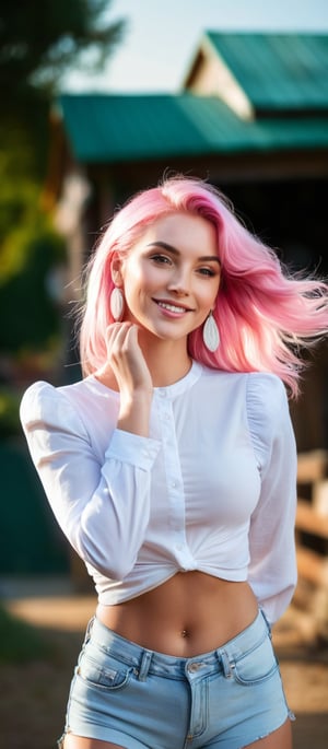 Generate hyper realistic image of a woman with long pink hair styled in a braid, with bangs gently resting on her forehead. She stands outside, smiling at the viewer while wearing a white shirt with puffy sleeves and high-waist shorts. The shirt has long sleeves that puff out, creating a stylish appearance. A ring adorns her finger, and she has earrings that catch the light. Her hair cascades over one shoulder, and the background is blurry, making her the focal point of the cowboy shot.