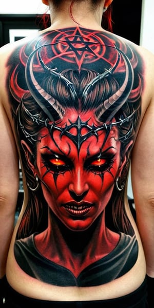 Generate hyper realistic tattoo on a man's back with a demonic woman with distinct features. She has two large, curved horns protruding from her head, which are textured and detailed. Her expression is one of defiance and seductness. She has red glowing eyes closed, her mouth open, and her tongue sticking out, revealing sharp, fang-like teeth. There is a symbol of pentagram on her forehead, adding to the demonic appearance. Surrounding her head is a circular, barbed wire-like crown of thorns. This crown adds a gothic undertone. 