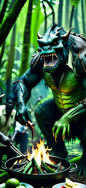  create a photo realistic image of scary looking swamp monster cooking humans in the jungle, sharp focus, high detailed.