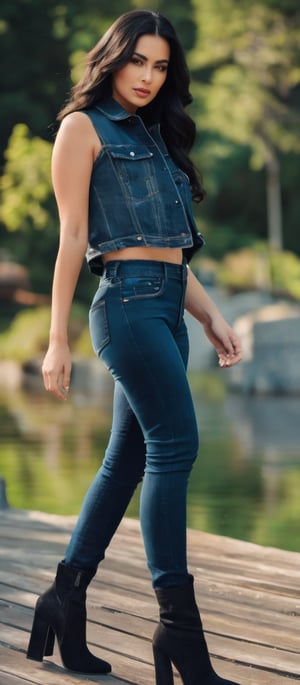 Generate hyper realistic image of a woman posing  outdoors, standing on a small wooden bridge. She is wearing a sleeveless dark denim crop top that accentuates her toned midriff. The top has light blue piping detail. Paired with the top are light blue, high-waisted denim shorts with a frayed hem. She also wears black, thigh-high patent leather boots with a glossy finish. The boots are laced up and have very high stiletto heels. She has long, straight, black hair that cascades down her back.