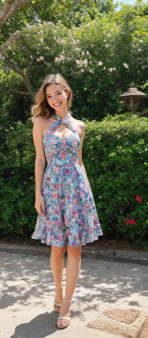 Generate hyper realistic image of a young woman standing  with bright smile. She is wearing a vibrant, colorful sundress that has a summery vibe. The dress is halter-neck style, with thin straps that tie behind her neck. The bodice is fitted and features a multicolored floral and geometric pattern. Her hair is long, golden blonde, and styled in loose, voluminous waves that cascade over her shoulders. The background is an outdoor setting with lush greenery and blooming flowers.