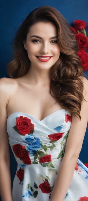 Generate hyper realistic image of a woman gazing at the viewer with a gentle, inviting smile. She is posed seductively in a white strapless dress that features a floral print of red roses. Her long, wavy brown hair flows over her shoulders, and her white nail polish adds a touch of refinement. The background is a vibrant blue, which creates a stunning contrast with her dress. The medium-angle shot emphasizes her natural grace and the delicate beauty of her outfit.