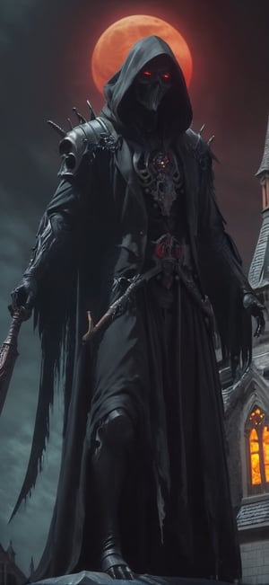  create a Grim reaper standing on top of church roof. he is facing the viewer. he is holding a  bloodyscythe,He is illuminated from back by red moonlight.Terrifying, death. sharp focus, high detailed, 8k, visavle face,,fantasy00d,night_view_background,horror,perfect light,schorror,monster,hallow33n