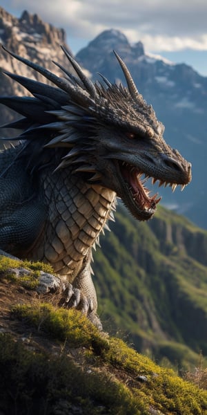  Create a hyper realistic dragon roaring on the mountain. dominating , fierce, brutal, up close, sharp focus, highly detailed.,