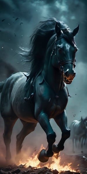 Create a Horse from hell running towards viewer, agressive, zombified,screeching, craving for human meat. cloudy night, sharp focus, highly detailed,