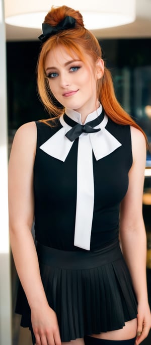 Generate hyper realistic image of a woman with long, flowing orange hair tied up in a high ponytail with a black ribbon. She has a youthful face with 
expressive blue eyes and a confident smile. Her makeup is subtle, highlighting her natural features. She is wearing a form-fitting black sleeveless top with a high collar and a white detail at the chest, resembling a tuxedo front. The top has a buttoned design that accentuates her figure and a short, pink pleated skirt that contrasts with her black top. She is wearing black stockings that emphasize her long legs and black high-heeled shoes. 