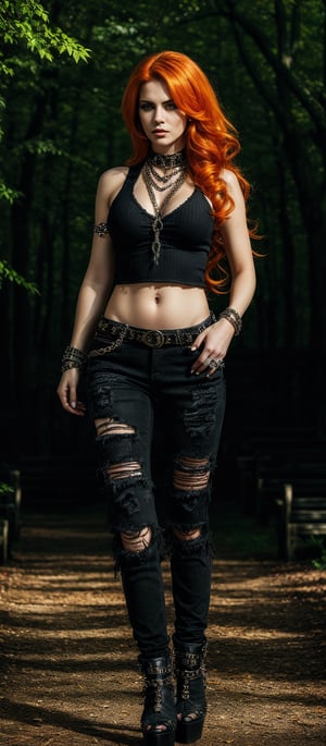 Generate hyper realistic image of a woman with long, vibrant orange hair that cascades down her back in waves. The striking color contrasts with her outfit, making her hair a focal point. Her eyes are accentuated with dark, dramatic makeup. She is dressed in a gothic-punk style. She wears a sleeveless black top adorned with chains and metal details. Paired with this, she has on black ripped skinny jeans. She is wearing high-heeled shoes with a unique design, featuring studs and straps. Her expression is contemplative and slightly fierce. The background is a wooded area with tall trees and wooden benches..