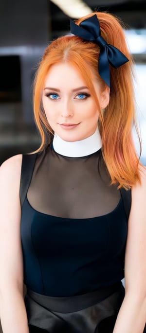 Generate hyper realistic image of a woman with long, flowing orange hair tied up in a high ponytail with a black ribbon. She has a youthful face with 
expressive blue eyes and a confident smile. Her makeup is subtle, highlighting her natural features. She is wearing a form-fitting black sleeveless top with a high collar and a white detail at the chest, resembling a tuxedo front. The top has a buttoned design that accentuates her figure and a short, pink pleated skirt that contrasts with her black top. She is wearing black stockings that emphasize her long legs and black high-heeled shoes. 