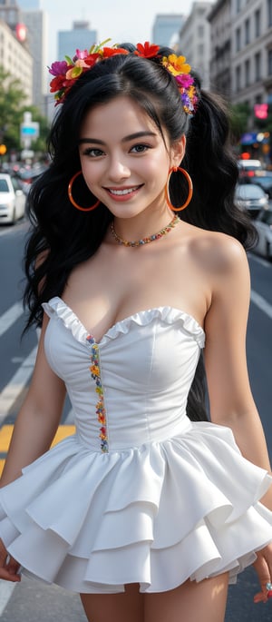 Generate hyper realistic image of a woman with long, black hair styled in voluminous waves. She has a colorful floral headband. Her hair is tied into two high ponytails. She is wearing a strapless white dress with a tiered skirt that gives a flowing and layered effect. The dress has black accents along the neckline and straps, adding a contrast to the bright white fabric. She is adorned with large, colorful hoop earrings and several rings on her fingers. Her expression is innocent, with wide eyes. Her gentle smile adds to her beauty. The background features a bustling city scene with cars and buildings.