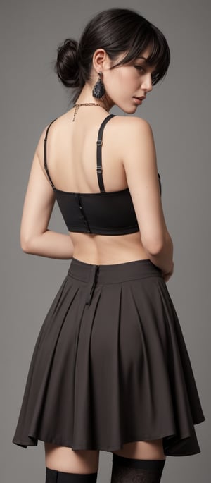 Generate hyper realistic image of a woman with long, black hair cascading down her back in low-tied elegance. She gazes back at the viewer with a hint of blush on her cheeks, her brown eyes sparkling with allure. Adorned in a black skirt and suspenders, she adjusts her crop top and tank top with grace, while her bangs frame her face delicately. Her large breasts accentuate her silhouette, drawing attention to her bare shoulders and the earrings dangling from her ears. Completing her ensemble, she wears black thigh highs and arm guards, exuding confidence and charm from behind.