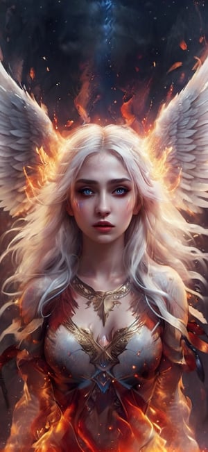  create a beautiful female angel falling down from the heaven. sad expression,fire wings, wings wide open, snow white long hair, messy hair, wings made out of fire , hopeful expression,blue eyes, red lips, realistic,fire element,flmngprsn,AngelicStyle