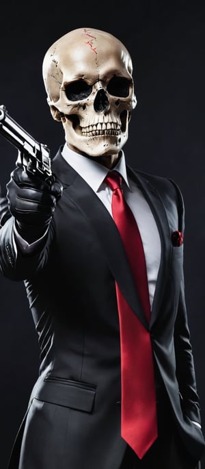 Generate hyper realistic image of a medium-angle shot of a Skull , dressed in a sleek black suit with a bold red tie a. The face has black eyes and a silver headband, and it's wearing black gloves. Its right arm is raised while its left arm is bent, gripping a black gun. The stark black background contrasts sharply with the outfit.,skll