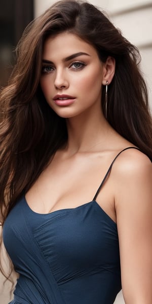 Generate hyper realistic image of a beautiful woman with long, black hair cascading down her shoulders. Her piercing blue eyes lock onto the viewer with intensity, drawing them in. Dressed elegantly in a fitted dress that accentuates her curves and cleavage, she exudes confidence and sophistication. Delicate jewelry adorns her collarbone, complementing her upper body, while a sleek ponytail and earrings add a touch of glamour. With lips painted a deep shade, she embodies timeless beauty in a realistic portrayal.