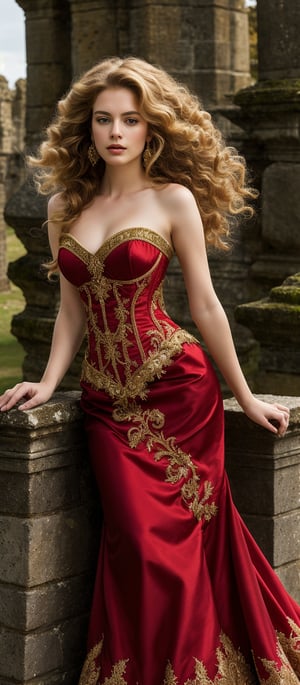 Generate hyper realistic image of a woman with voluminous, wavy hair with a slightly wild. Her hair is a rich, golden blonde color. She is dressed in an ornate, strapless red gown with intricate gold embroidery. The bodice is form-fitting and accentuates her figure, while the skirt is voluminous and has a luxurious, flowing quality.  She is leaning against an ancient stone structure. The background features an ancient, weathered stone structure that evokes the setting of a historical castle or ruins.