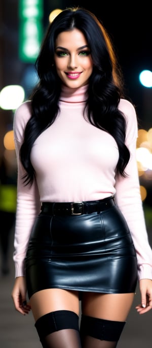 Generate hyper realistic image of a woman with long black hair looking at the viewer with seductive smile, as she walks down the street at night. She is dressed in a black leather skirt, thighhighs, and high heels. The city's blurry lights reflect off her green eyes and black lips. She has one arm at her side while her other hand is in her pocket. She wears a light pink turtleneck sweater with a black belt and garter straps, paired with brown ankle boots.