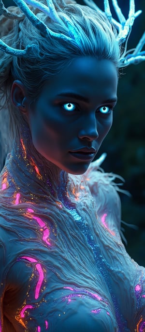 Generate hyper realistic image of a bioluminescent woman with a fantastical and alien appearance. The woman has an intense, otherworldly gaze. Her eyes are glowing bright blue, illuminated from within, and are strikingly detailed. Her skin appears smooth but with a slight metallic sheen. Her expression is serene, yet powerful. Her hair is white or silver, styled in an elegant updo. Thin, glowing wires intertwine with her hair. She wears a striking headpiece that looks like antlers, made of a bio-mechanical material. The headpiece glows with hues of pink, red, and purple, with delicate strands of glowing wires emanating from it. Her body is covered in an intricate web of bioluminescent lines and patterns that resembl veins glowing in various colors highlighting her curves. Her outfit merges seamlessly with her skin, as if it is growing out of her body. It has a glossy, organic look with glowing accents, resembling a symbiosis of plant life and advanced technology. The background is dark and blurred, with hints of a forest or natural environment.