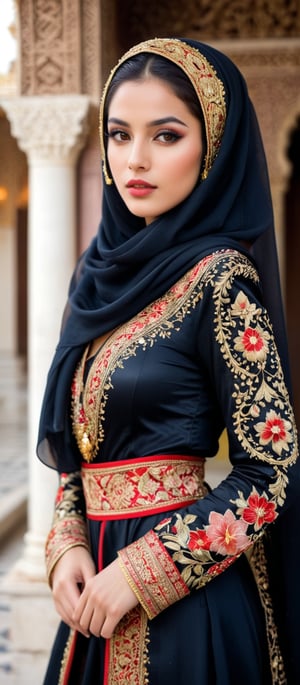 Generate hyper realistic image of a highly detailed portrayal of a regal and elegant woman dressed in traditional, ornate attire, blending elements of cultural and fantasy aesthetics. The woman is dressed in a luxurious black gown intricately adorned with golden embroidery and red accents. The gown has rich patterns running across the sleeves and hem, featuring geometric shapes and floral motifs. She wears a beautifully designed red and black headscarf draped over her head, with red floral patterns and golden embroidery that mirror the designs on her dress. The scarf flows gracefully over her shoulders. Her face is strikingly beautiful, with delicate features. She has flawless, glowing skin, slightly blushed cheeks, and full lips painted in a soft pink color. Her almond-shaped eyes are accentuated with subtle makeup. Long, flowing dark brown hair peeks out from beneath her headscarf. The backdrop is an ancient grand palace.