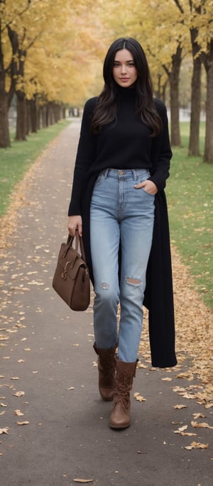 Generate hyper realistic image of a woman standing outdoors, her long black hair cascading over her shoulders. She wears a sweater, long sleeves covering her arms, paired with denim pants and brown boots. Her handbag hangs casually from her shoulder as she walks among autumn leaves, the trees adorned with colorful foliage. With crossed legs and a relaxed stance, she exudes a natural grace and elegance in this picturesque autumn setting.