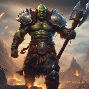 create a Orc chief  swinging his huge axe at dark elf.he is huge and muscular.he looking towards enemy. background  of battlefield ,cyborg style,Kratos 