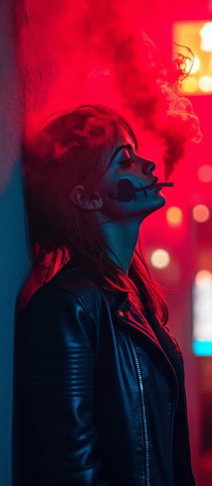 Generate hyper realistic image of a woman with skull painting on her face, leaning back against a textured wall, enveloped in thick, vibrant blue smoke. The woman is looking towards the sky. In its mouth, a lit cigarette burns, emitting the red smoke, which swirls around the head in an ethereal, dreamlike manner. The background is out of focus, revealing blurred city lights in a range of soft colors. The figure wears a black leather jacket with shiny, reflective surfaces. The mood is eerie yet modern, blending elements of death, urban culture, and neon lighting.