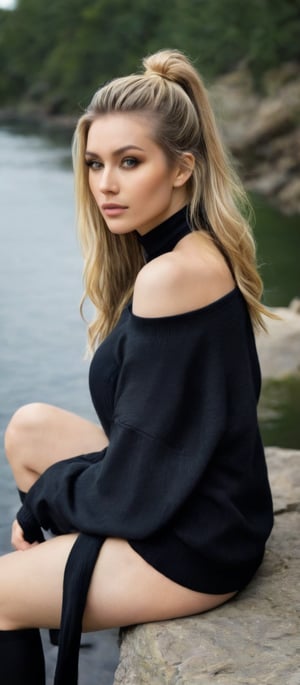 Generate hyper realistic image of a woman seating on a stone ledge by a tranquil riverside. She has long, blonde hair styled in a high ponytail that cascades down her back. The hair is slightly tousled. Her eyes are a captivating shade of amber. She wears a loose, off-the-shoulder black sweater that hangs slightly off her right shoulder. The sweater is ribbed. She has black thigh-high stockings that contrast with her fair skin. 