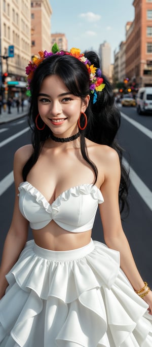 Generate hyper realistic image of a woman with long, black hair styled in voluminous waves. She has a colorful floral headband. Her hair is tied into two high ponytails. She is wearing a strapless white dress with a tiered skirt that gives a flowing and layered effect. The dress has black accents along the neckline and straps, adding a contrast to the bright white fabric. She is adorned with large, colorful hoop earrings and several rings on her fingers. Her expression is innocent, with wide eyes. Her gentle smile adds to her beauty. The background features a bustling city scene with cars and buildings.