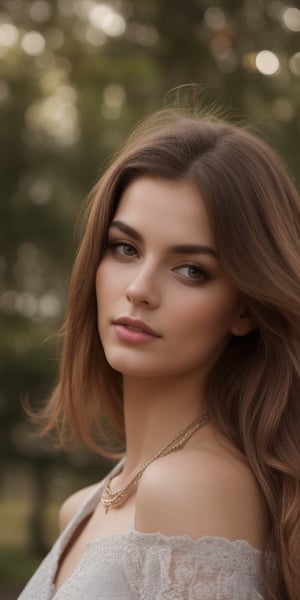 Generate hyper realistic image of a beautiful woman outdoors during the day. She possesses long, brown wavy hair, with a subtle head tilt and a gaze that meets the viewer. The focus is on her upper body, adorned in a dress with long sleeves and complemented by delicate jewelry, including a necklace. Grey eyes and lips add to her allure, and her own hands gracefully come together in a realistic pose. The collarbone is accentuated, and the background is intentionally blurry, creating an ethereal and enchanting atmosphere.