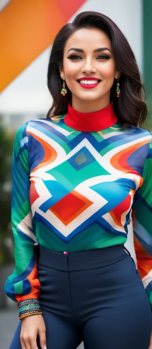 Generate hyper realistic image of a woman with a vibrant and eye-catching appearance. Her expression is relaxed and slightly playful, with a hint of a smile, adding to her approachable and lively demeanor. She is wearing a brightly colored, patterned top with a high collar. The top features an intricate and dynamic design, incorporating shades of red, orange, and blue. Her midriff is exposed, highlighting her toned physique. She is also wearing matching pants with a similar vibrant pattern. er hair is long, voluminous, and wavy, flowing freely around her shoulders. The dark color of her hair creates a striking contrast with her bright clothing. 