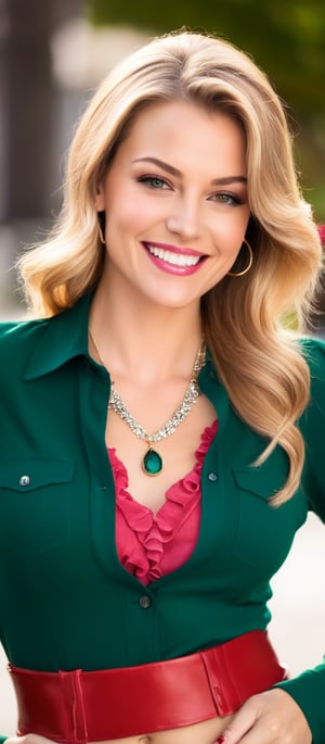 Generate hyper realistic image of a woman with long blonde hair, looking at the viewer with a smile and green eyes. She has one eye closed, wearing a shirt with frills, and a necklace. Her fingernails are painted red, and her lips are also red. She has detailed facial features, clear skin, and dimples that highlight her bright smile. Her eyelashes are prominent, and she has light brown hair strands mixed with the blonde. The background is blurry, making her the focal point. She has her hands on her face, showcasing pink nails, and her forehead is visible.