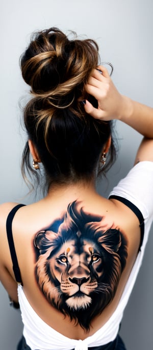 Generate hyper realistic image of a woman with a remarkable and powerful tattoo design on her back. The woman is shown from behind, with her head turned slightly to the side, giving a partial view of her profile. Her arms are raised and resting on her shoulders, emphasizing the back tattoo. The tattoo is a striking and artistic composition, combining a majestic lion's face with two cubs. The lion's face is detailed and realistic, with expressive eyes and a flowing mane that blends seamlessly into the woman's skin. The lions cubs are prominently positioned, one at the top of the tattoo near her neck and the other overlapping the lion's face. The woman's hair is styled in a simple, loose bun, allowing the tattoo to be fully visible. The background is neutral and unobtrusive.