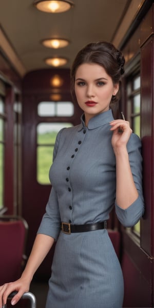 Generate hyper realistic image of a vintage train journey photoshoot. Dress the lady in period-appropriate attire and capture the nostalgia of a bygone era.up close,Extremely Realistic,<lora:659095807385103906:1.0>