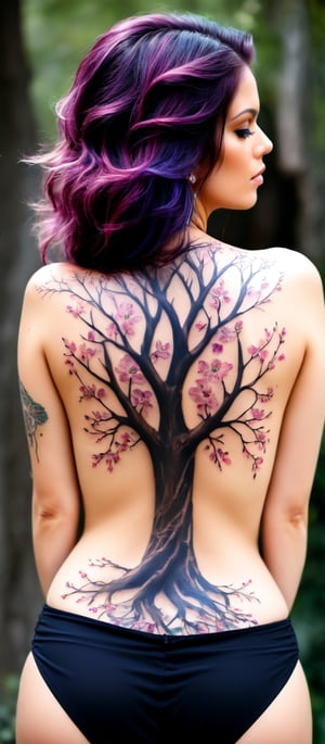 Generate hyper realistic image of a woman with an intricate and vibrant full-back tattoo. The woman is shown from behind, standing, allowing a clear view of her entire back. Her hair is straight and purple, falling around her shoulders. The tattoo covers her entire back. The central feature of the tattoo is a tree trunk and branches are intricately detailed with rich, dark brown shades. The branches extend gracefully across the skin, spreading out in an organic and natural pattern. The flowers are depicted in various shades of pink, from deep magenta to soft pastel hues. Each blossom is carefully crafted, with delicate petals and subtle shading. urrounding the tree and blossoms are scattered petals and leaves.