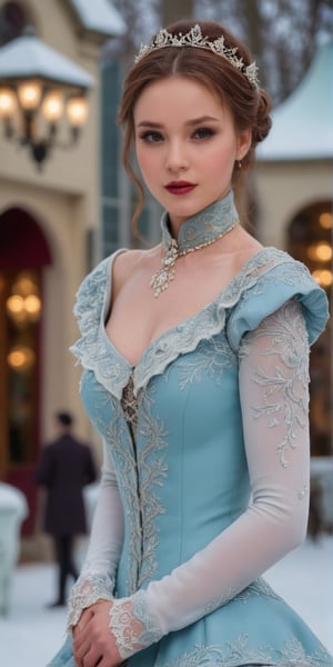 Generate hyper realistic image of the Victorian elegance with winter charm in an ice skating photoshoot. Feature the lady in glamorous Victorian-inspired winter attire on a frosty ice skating rink.up close,Extremely Realistic,<lora:659095807385103906:1.0>
