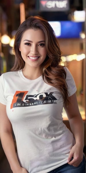 Generate hyper realistic image of a stunningly beautiful and busty woman, she stands near the viewer, her captivating smile lighting up the scene, while proudly wearing a t-shirt that showcases the extraordinary achievement of '150k likes,' symbolizing her hard work and determination.,masterpiece